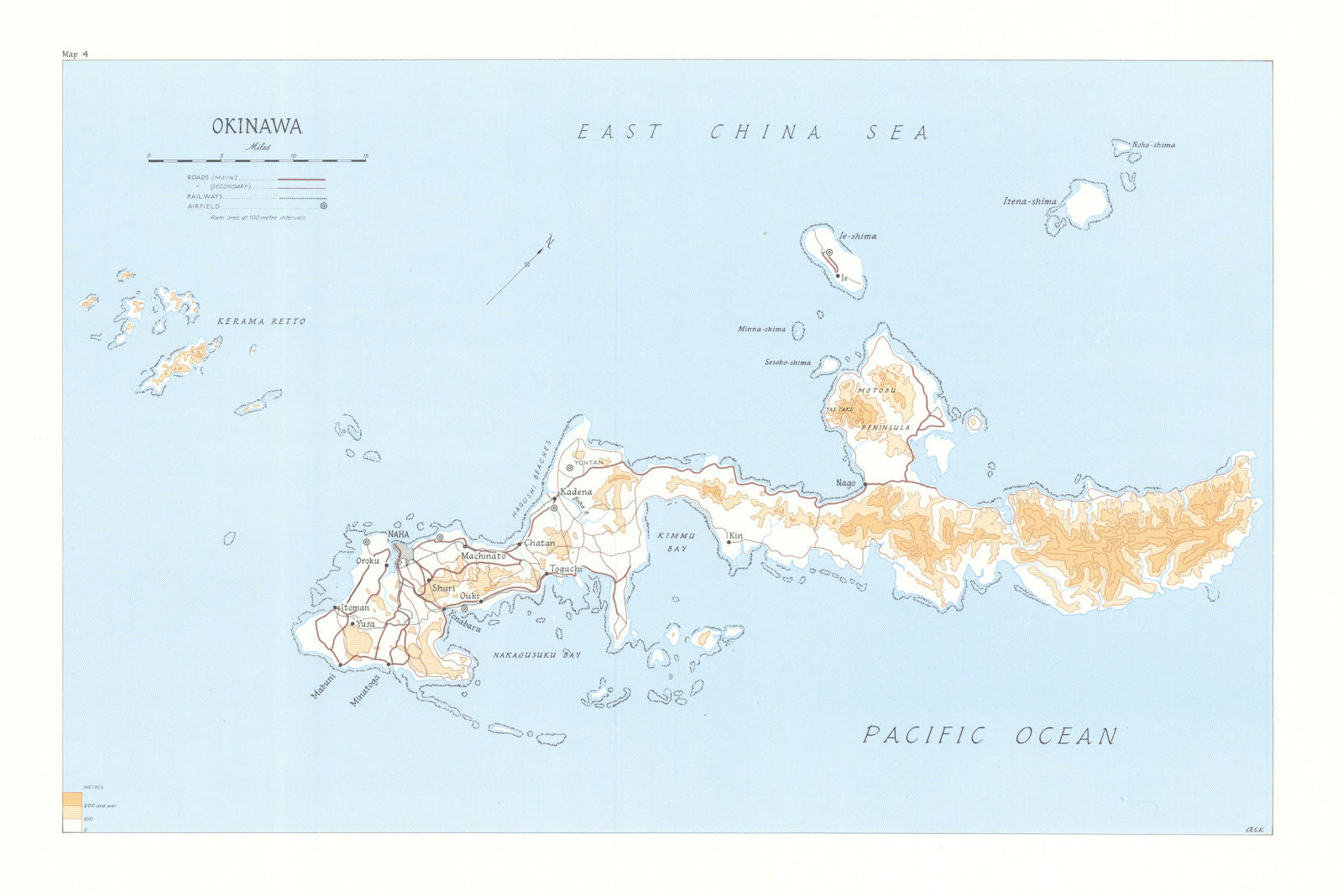 Okinawa 1945. Road railways airfield. World War Two 1969 old vintage map chart